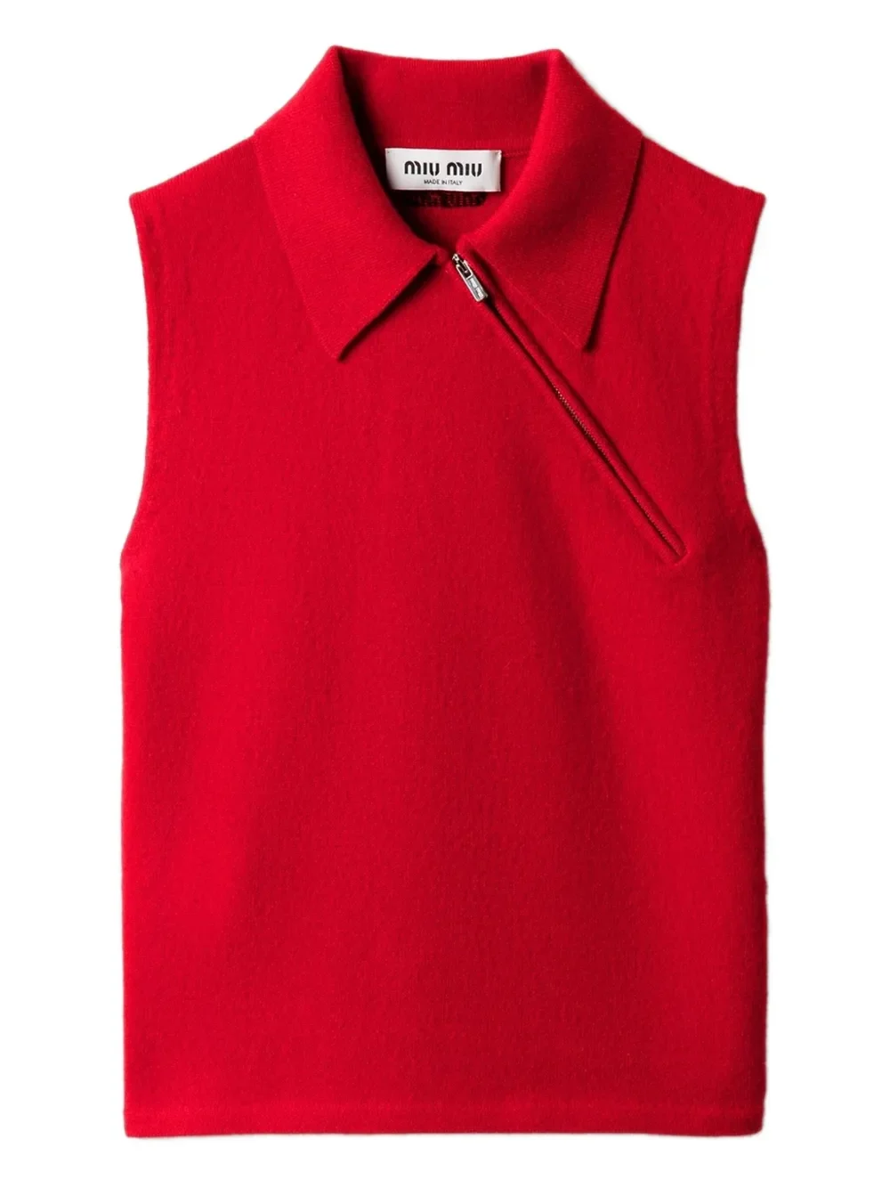 Miu Miu Red Cashmere Sleeveless Vest with Diagonal Zip